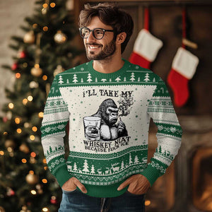 I'll Take My Whiskey Neat Because F Ice Ugly Christmas Sweater Smoking and Drinking Bigfoot Subtle Political Resistance TS02 Beige Green Print Your Wear