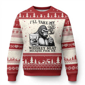 I'll Take My Whiskey Neat Because F Ice Ugly Christmas Sweater Smoking and Drinking Bigfoot Subtle Political Resistance TS02 Beige Red Print Your Wear