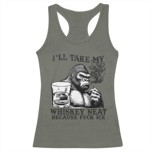 I'll Take My Whiskey Neat Because F Ice Racerback Tank Top Smoking and Drinking Bigfoot Subtle Political Resistance TS02 Military Green Print Your Wear