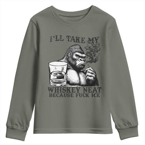 I'll Take My Whiskey Neat Because F Ice Youth Sweatshirt Smoking and Drinking Bigfoot Subtle Political Resistance TS02 Military Green Print Your Wear