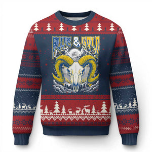 Blue and Gold Lightning Ram Skull Bighorn Sheep Graphic Ugly Christmas Sweater Electric City Pride TS02 Navy Red Print Your Wear