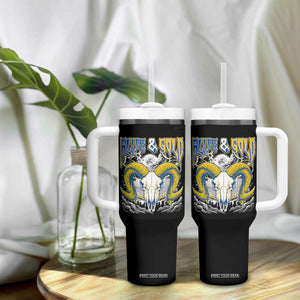Blue and Gold Lightning Ram Skull Bighorn Sheep Graphic Tumbler With Handle Electric City Pride TS02 Print Your Wear