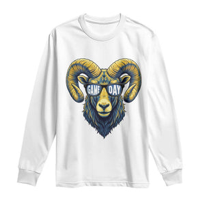 Cool Ram Game Day Bighorn Sheep Graphic Long Sleeve Shirt Bold Blue and Gold Fan TS02 White Print Your Wear