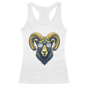 Cool Ram Game Day Bighorn Sheep Graphic Racerback Tank Top Bold Blue and Gold Fan TS02 White Print Your Wear