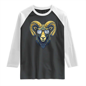 Cool Ram Game Day Bighorn Sheep Graphic Raglan Shirt Bold Blue and Gold Fan TS02 Black White Print Your Wear