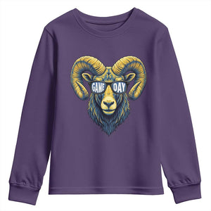Cool Ram Game Day Bighorn Sheep Graphic Youth Sweatshirt Bold Blue and Gold Fan TS02 Purple Print Your Wear