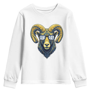 Cool Ram Game Day Bighorn Sheep Graphic Youth Sweatshirt Bold Blue and Gold Fan TS02 White Print Your Wear