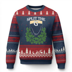 Split the G Funny Irish Stout Beer Drinking Game Ugly Christmas Sweater St. Patrick’s Day Shamrocks Pub Crawl Crew TS02 Navy Red Print Your Wear