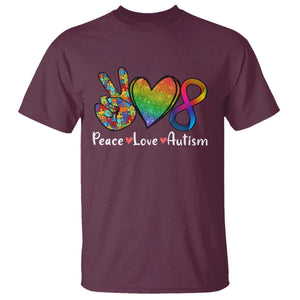 Peace Love Autism T Shirt Support Accept Love Rainbow Infinity Jigsaw Puzzle TS02 Maroon Printyourwear