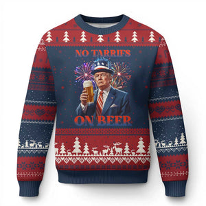 Funny Trump 4th of July Ugly Christmas Sweater No Tariffs On Beer Drinking USA Patriotic 2025 TS02 Navy Red Print Your Wear