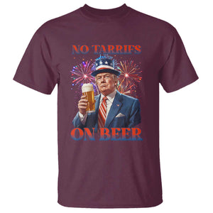 Funny Trump 4th of July T Shirt No Tariffs On Beer Drinking USA Patriotic 2025 TS02 Maroon Print Your Wear