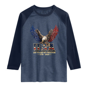 250 Years USA Majestic Bald Eagle Raglan Shirt American Flag Wings Patriotic Semiquincentennial 250th Anniversary TS02 Heather Denim Navy Print Your Wear