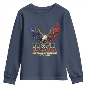 250 Years USA Majestic Bald Eagle Youth Sweatshirt American Flag Wings Patriotic Semiquincentennial 250th Anniversary TS02 Navy Print Your Wear