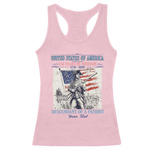 Custom Name Descendant of a Patriot USA 250 Years of Freedom Personalized Racerback Tank Top 1776-2026 Revolutionary War Heritage TS02 Light Pink Print Your Wear