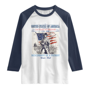 Custom Name Descendant of a Patriot USA 250 Years of Freedom Personalized Raglan Shirt 1776-2026 Revolutionary War Heritage TS02 White Navy Print Your Wear