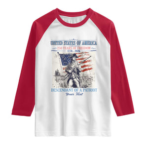 Custom Name Descendant of a Patriot USA 250 Years of Freedom Personalized Raglan Shirt 1776-2026 Revolutionary War Heritage TS02 White Red Print Your Wear