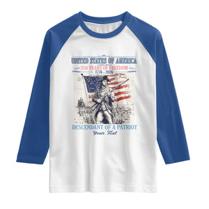 Custom Name Descendant of a Patriot USA 250 Years of Freedom Personalized Raglan Shirt 1776-2026 Revolutionary War Heritage TS02 White Royal Print Your Wear