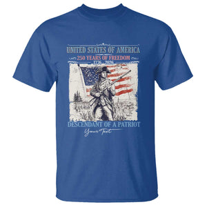 Custom Name Descendant of a Patriot USA 250 Years of Freedom Personalized T Shirt 1776-2026 Revolutionary War Heritage TS02 Royal Blue Print Your Wear