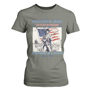 Custom Name Descendant of a Patriot USA 250 Years of Freedom Personalized T Shirt For Women 1776-2026 Revolutionary War Heritage TS02 Military Green Print Your Wear