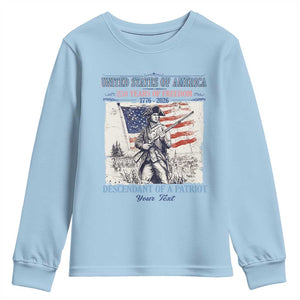 Custom Name Descendant of a Patriot USA 250 Years of Freedom Personalized Youth Sweatshirt 1776-2026 Revolutionary War Heritage TS02 Light Blue Print Your Wear