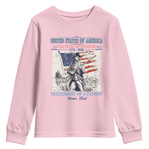 Custom Name Descendant of a Patriot USA 250 Years of Freedom Personalized Youth Sweatshirt 1776-2026 Revolutionary War Heritage TS02 Light Pink Print Your Wear