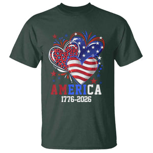 America 1776-2026 Patriotic Hearts T Shirt Semiquincentennial 250th Anniversary Red White Blue Stars and Stripes TS02 Dark Forest Green Print Your Wear