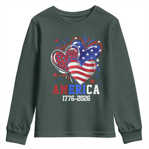 America 1776-2026 Patriotic Hearts Youth Sweatshirt Semiquincentennial 250th Anniversary Red White Blue Stars and Stripes TS02 Dark Forest Green Print Your Wear