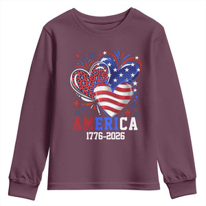 America 1776-2026 Patriotic Hearts Youth Sweatshirt Semiquincentennial 250th Anniversary Red White Blue Stars and Stripes TS02 Maroon Print Your Wear