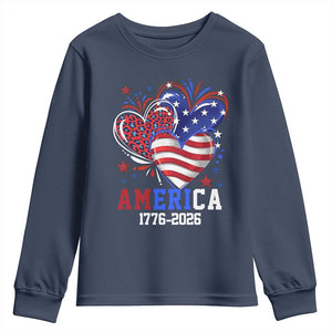 America 1776-2026 Patriotic Hearts Youth Sweatshirt Semiquincentennial 250th Anniversary Red White Blue Stars and Stripes TS02 Navy Print Your Wear