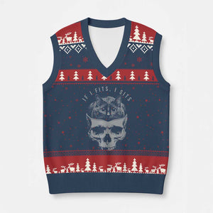 If I Fits I Sits Funny Cat in Skull V-Neck Knit Sweater Vest Dark Aesthetic Goth Cat Lover Gift for Macabre and Meme Fans TS02 Navy Red Print Your Wear