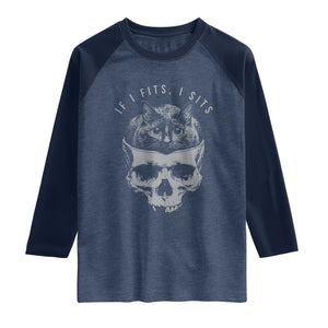 If I Fits I Sits Funny Cat in Skull Raglan Shirt Dark Aesthetic Goth Cat Lover Gift for Macabre and Meme Fans TS02 Heather Denim Navy Print Your Wear