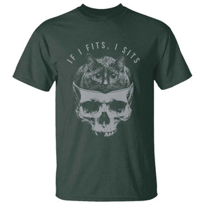 If I Fits I Sits Funny Cat in Skull T Shirt - Dark Aesthetic Goth Cat Lover Gift for Macabre and Meme Fans TS02 Dark Forest Green Print Your Wear