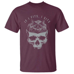 If I Fits I Sits Funny Cat in Skull T Shirt - Dark Aesthetic Goth Cat Lover Gift for Macabre and Meme Fans TS02 Maroon Print Your Wear