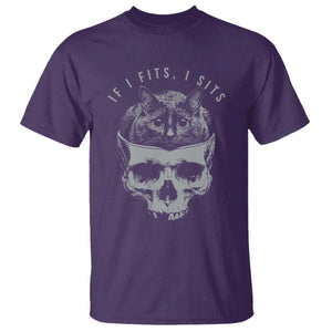 If I Fits I Sits Funny Cat in Skull T Shirt - Dark Aesthetic Goth Cat Lover Gift for Macabre and Meme Fans TS02 Purple Print Your Wear
