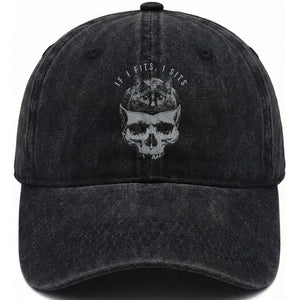 If I Fits I Sits Funny Cat in Skull Washed Cotton Baseball Cap Dark Aesthetic Goth Cat Lover Gift for Macabre and Meme Fans TS02 Print Your Wear