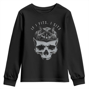 If I Fits I Sits Funny Cat in Skull Youth Sweatshirt Dark Aesthetic Goth Cat Lover Gift for Macabre and Meme Fans TS02 Black Print Your Wear