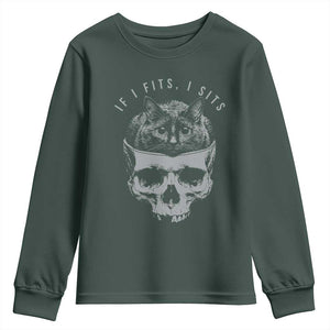 If I Fits I Sits Funny Cat in Skull Youth Sweatshirt Dark Aesthetic Goth Cat Lover Gift for Macabre and Meme Fans TS02 Dark Forest Green Print Your Wear