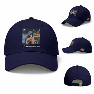 I Live Here Now Funny Doll Face Meme Baseball Lover Baseball Cap Game Day Reaction Sports Fan Gift TS02 Baseball Cap Universal Fit Dark Blue Print Your Wear