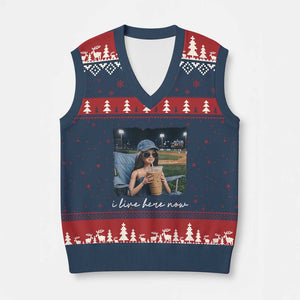 I Live Here Now Funny Doll Face Meme Baseball Lover V-Neck Knit Sweater Vest Game Day Reaction Sports Fan Gift TS02 Navy Red Print Your Wear