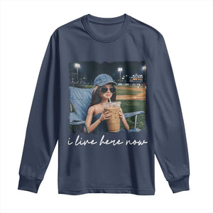 I Live Here Now Funny Doll Face Meme Baseball Lover Long Sleeve Shirt Game Day Reaction Sports Fan Gift TS02 Navy Print Your Wear