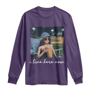I Live Here Now Funny Doll Face Meme Baseball Lover Long Sleeve Shirt Game Day Reaction Sports Fan Gift TS02 Purple Print Your Wear