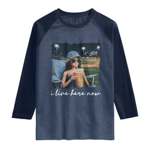 I Live Here Now Funny Doll Face Meme Baseball Lover Raglan Shirt Game Day Reaction Sports Fan Gift TS02 Heather Denim Navy Print Your Wear