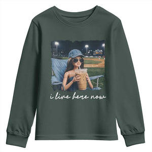 I Live Here Now Funny Doll Face Meme Baseball Lover Youth Sweatshirt Game Day Reaction Sports Fan Gift TS02 Dark Forest Green Print Your Wear