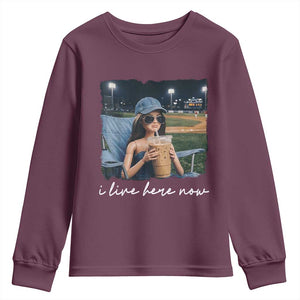 I Live Here Now Funny Doll Face Meme Baseball Lover Youth Sweatshirt Game Day Reaction Sports Fan Gift TS02 Maroon Print Your Wear