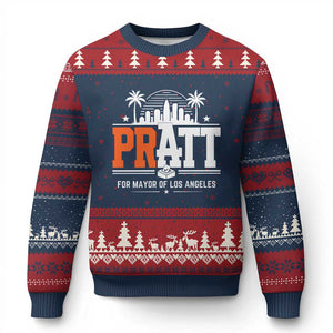Pratt for Mayor of Los Angeles Retro Skyline Graphic Ugly Christmas Sweater Support Local Leadership LA City California Pride TS02 Navy Red Print Your Wear
