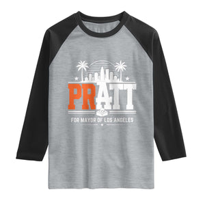 Pratt for Mayor of Los Angeles Retro Skyline Graphic Raglan Shirt Support Local Leadership LA City California Pride TS02 Heather Gray Black Print Your Wear