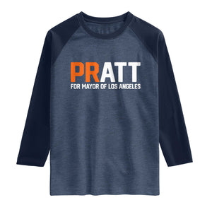 Pratt for Mayor Los Angeles Raglan Shirt LA City Caliornia Pride Political Campaign Supporter TS02 Heather Denim Navy Print Your Wear