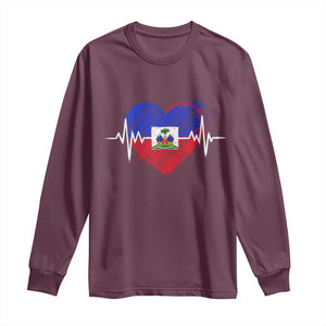 Haitian Flag Heartbeat EKG Pulse Graphic Long Sleeve Shirt My Heart Beats For Haiti Identity Heritage Pride TS02 Maroon Print Your Wear