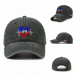 Haitian Flag Heartbeat EKG Pulse Graphic Washed Cotton Baseball Cap My Heart Beats For Haiti Identity Heritage Pride TS02 Washed Cap Universal Fit Dark Green Print Your Wear