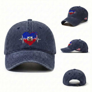 Haitian Flag Heartbeat EKG Pulse Graphic Washed Cotton Baseball Cap My Heart Beats For Haiti Identity Heritage Pride TS02 Washed Cap Universal Fit Navy Print Your Wear